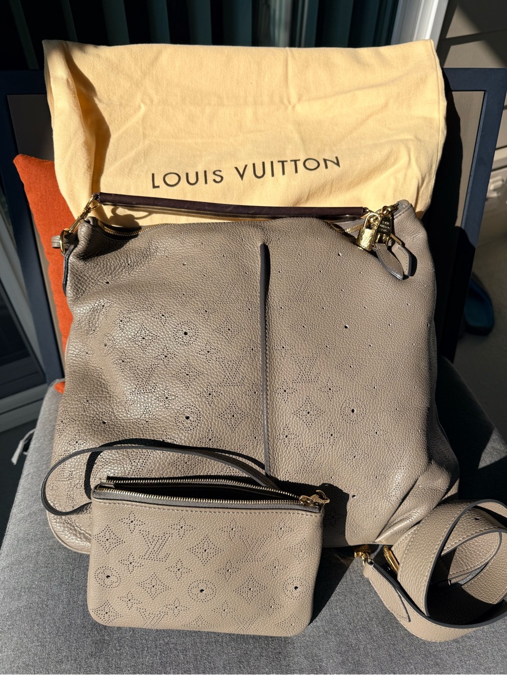 Louis Vuitton Taupe/Beige Selene Leather Shoulder Bag with Wristlet Authentic